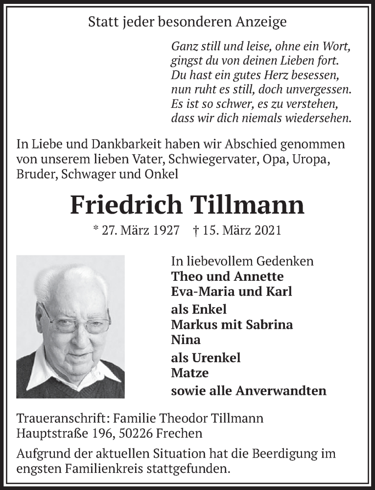  Traueranzeige für Friedrich Tillmann vom 26.03.2021 aus  Wochenende 