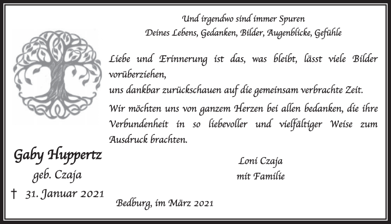  Traueranzeige für Gaby Huppertz vom 19.03.2021 aus  Werbepost 