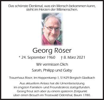 Anzeige von Georg Röser von Kölner Stadt-Anzeiger / Kölnische Rundschau / Express