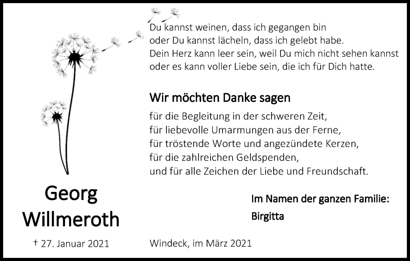  Traueranzeige für Georg Willmeroth vom 13.03.2021 aus Kölner Stadt-Anzeiger / Kölnische Rundschau / Express