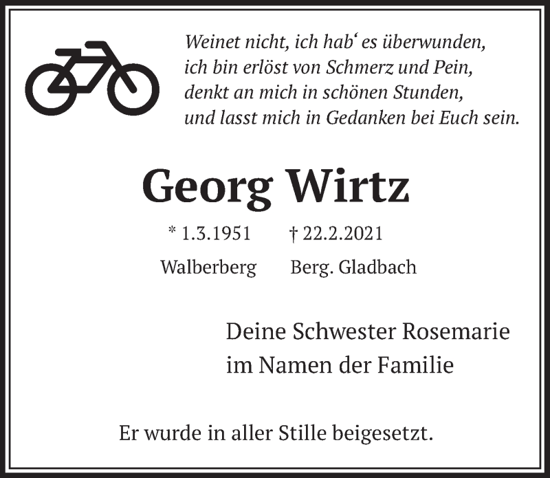  Traueranzeige für Georg Wirtz vom 12.03.2021 aus  Schlossbote/Werbekurier 