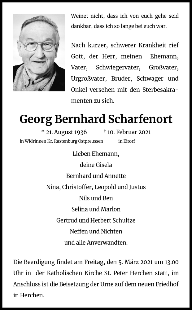  Traueranzeige für Georg Bernhard Scharfenort vom 02.03.2021 aus Kölner Stadt-Anzeiger / Kölnische Rundschau / Express