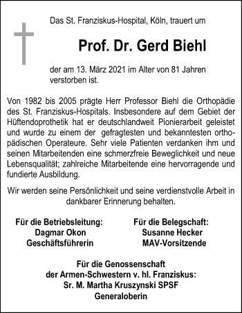 Anzeige von Gerd Biehl von Kölner Stadt-Anzeiger / Kölnische Rundschau / Express