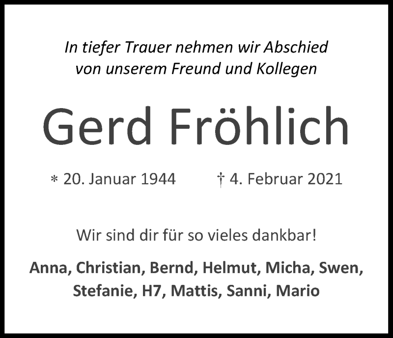  Traueranzeige für Gerd Fröhlich vom 06.03.2021 aus Kölner Stadt-Anzeiger / Kölnische Rundschau / Express