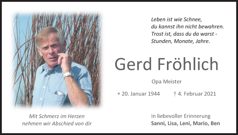  Traueranzeige für Gerd Fröhlich vom 06.03.2021 aus Kölner Stadt-Anzeiger / Kölnische Rundschau / Express