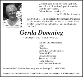 Anzeige von Gerda Domning von  Anzeigen Echo 