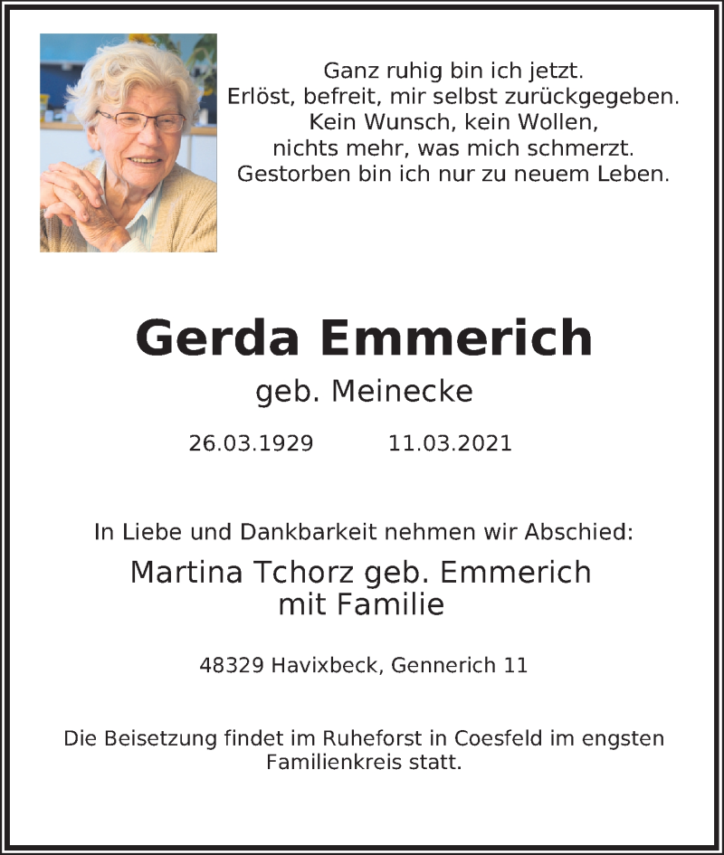  Traueranzeige für Gerda Emmerich vom 13.03.2021 aus Kölner Stadt-Anzeiger / Kölnische Rundschau / Express