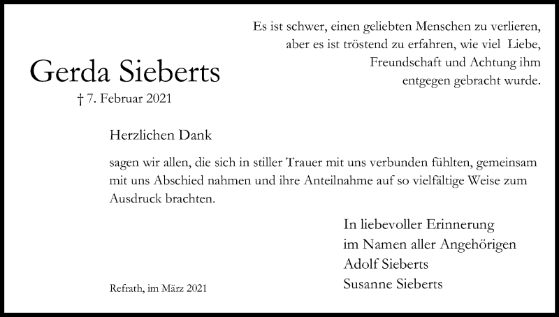  Traueranzeige für Gerda Sieberts vom 13.03.2021 aus Kölner Stadt-Anzeiger / Kölnische Rundschau / Express