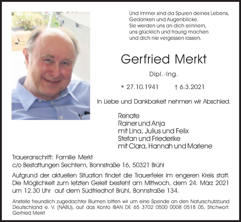  Traueranzeige für Gerfried Merkt vom 13.03.2021 aus Kölner Stadt-Anzeiger / Kölnische Rundschau / Express