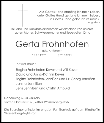 Anzeige von Gerta Frohnhofen von Kölner Stadt-Anzeiger / Kölnische Rundschau / Express