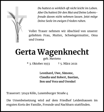 Anzeige von Gerta Wagenknecht von Kölner Stadt-Anzeiger / Kölnische Rundschau / Express