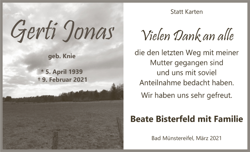 Traueranzeige für Gerti Jonas vom 13.03.2021 aus  Blickpunkt Euskirchen 