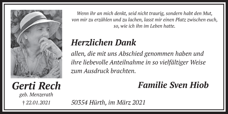  Traueranzeige für Gerti Rech vom 05.03.2021 aus  Wochenende 