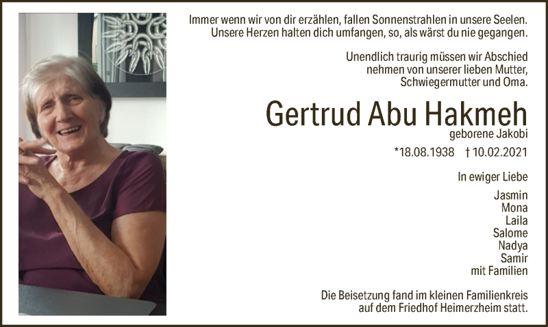  Traueranzeige für Gertrud Abu Hakmeh vom 26.03.2021 aus  Schaufenster/Blickpunkt 
