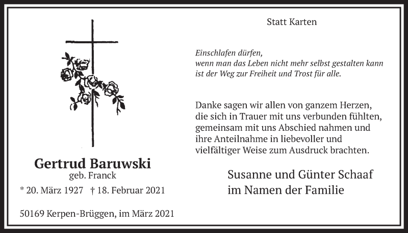  Traueranzeige für Gertrud Baruwski vom 05.03.2021 aus  Werbepost 