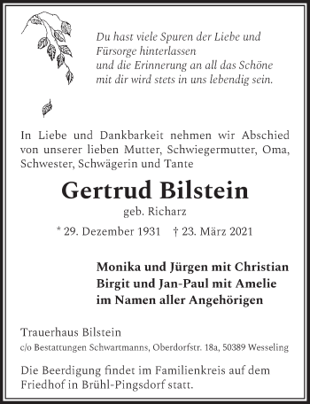 Anzeige von Gertrud Bilstein von  Schlossbote/Werbekurier 