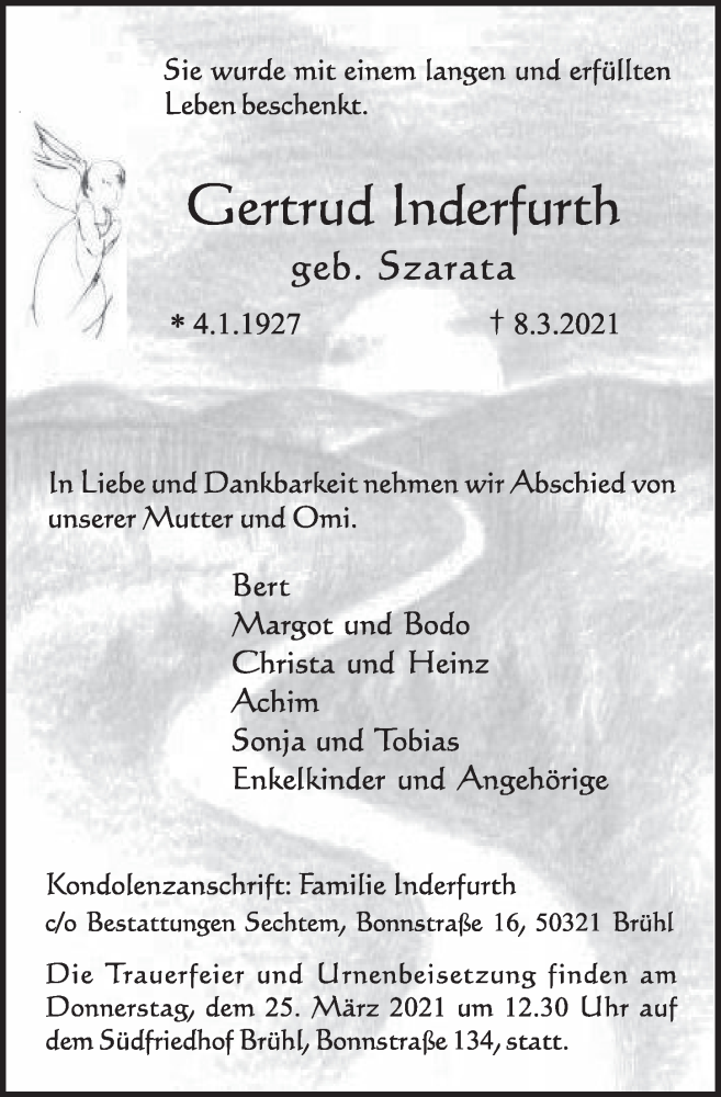  Traueranzeige für Gertrud Inderfurth vom 12.03.2021 aus  Schlossbote/Werbekurier 