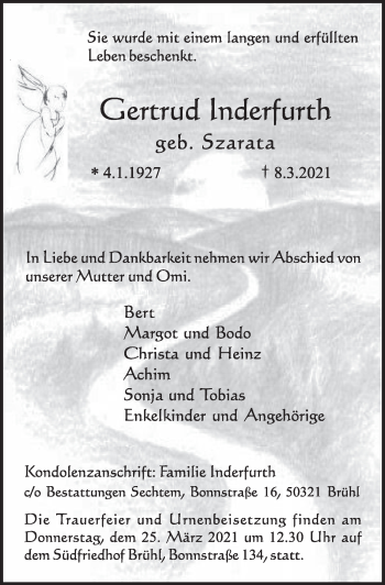 Anzeige von Gertrud Inderfurth von  Schlossbote/Werbekurier 