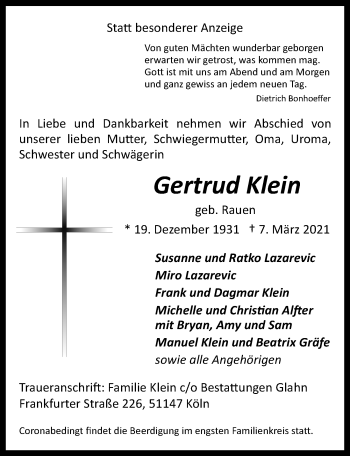 Anzeige von Gertrud Klein von  Kölner Wochenspiegel 