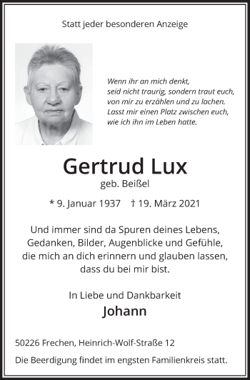 Anzeige von Gertrud Lux von  Wochenende 