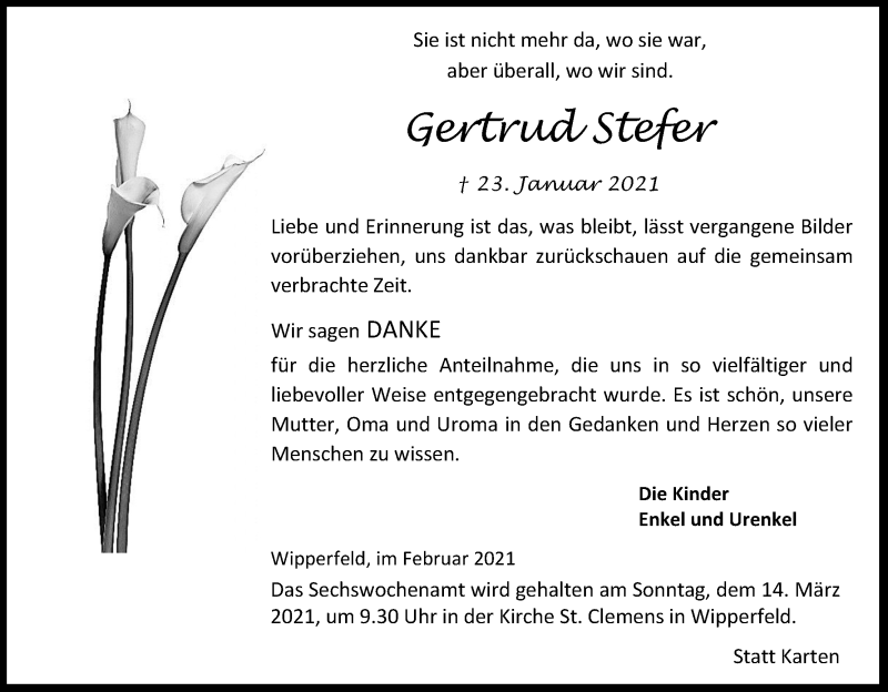  Traueranzeige für Gertrud Stefer vom 06.03.2021 aus Kölner Stadt-Anzeiger / Kölnische Rundschau / Express