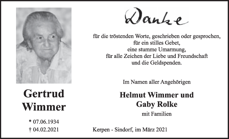  Traueranzeige für Gertrud Wimmer vom 05.03.2021 aus  Werbepost 