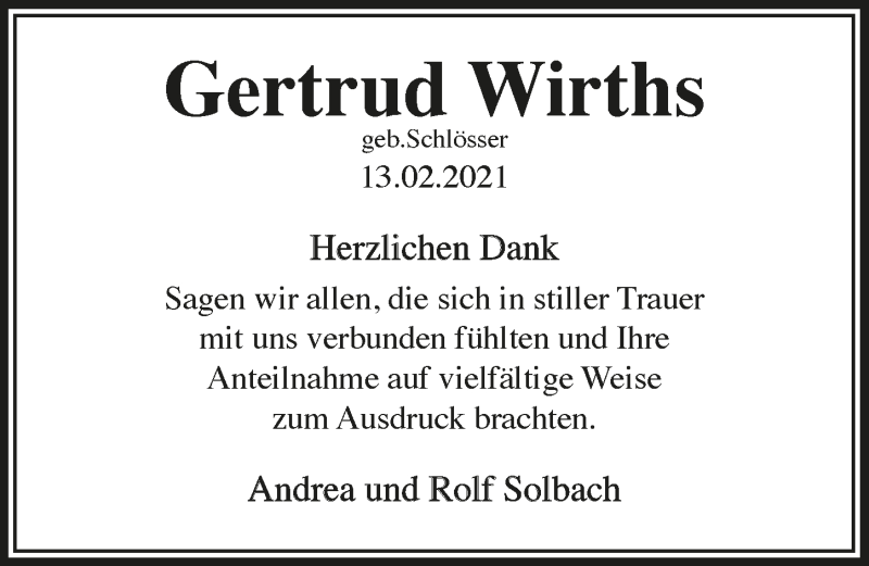  Traueranzeige für Gertrud Wirths vom 12.03.2021 aus  Lokalanzeiger 
