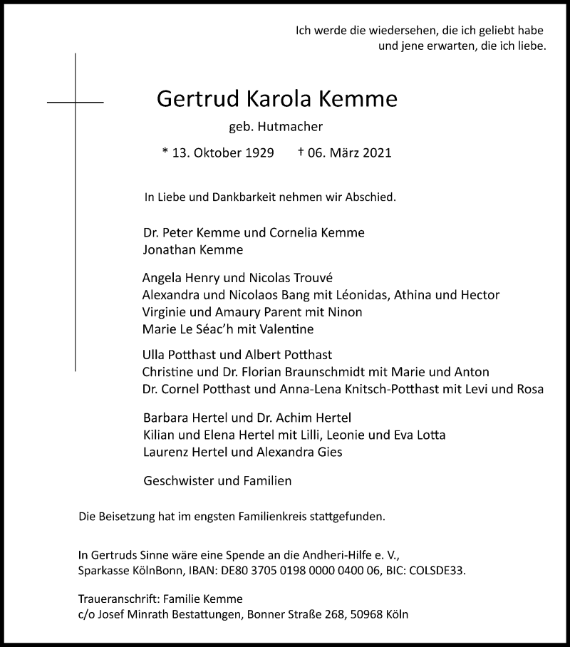  Traueranzeige für Gertrud Karola Kemme vom 17.03.2021 aus Kölner Stadt-Anzeiger / Kölnische Rundschau / Express