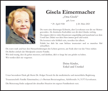 Anzeige von Gisela Eimermacher von Kölner Stadt-Anzeiger / Kölnische Rundschau / Express