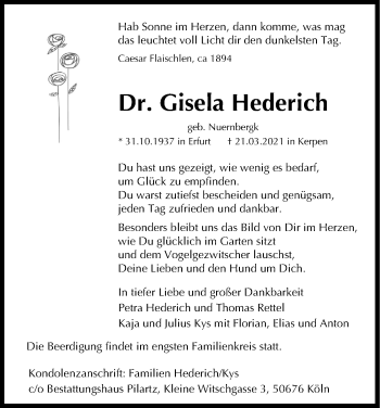 Anzeige von Gisela Hederich von Kölner Stadt-Anzeiger / Kölnische Rundschau / Express