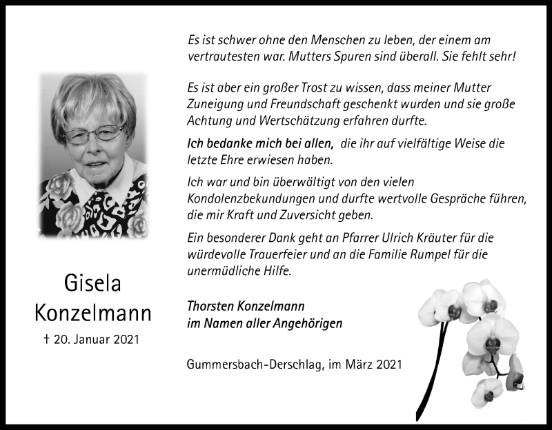  Traueranzeige für Gisela Konzelmann vom 20.03.2021 aus Kölner Stadt-Anzeiger / Kölnische Rundschau / Express