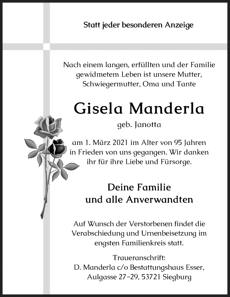  Traueranzeige für Gisela Manderla vom 06.03.2021 aus Kölner Stadt-Anzeiger / Kölnische Rundschau / Express