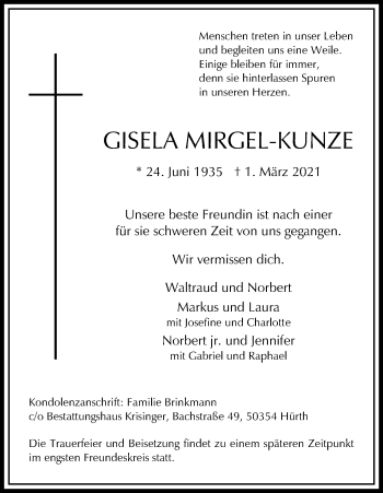 Anzeige von Gisela Mirgel-Kunze von Kölner Stadt-Anzeiger / Kölnische Rundschau / Express