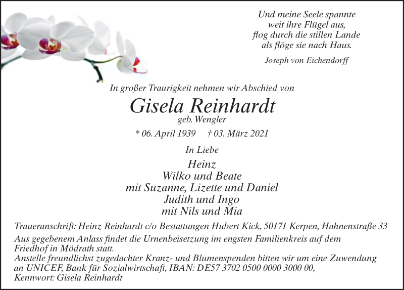  Traueranzeige für Gisela Reinhardt vom 12.03.2021 aus  Werbepost 