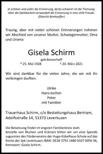 Anzeige von Gisela Schirm von Kölner Stadt-Anzeiger / Kölnische Rundschau / Express