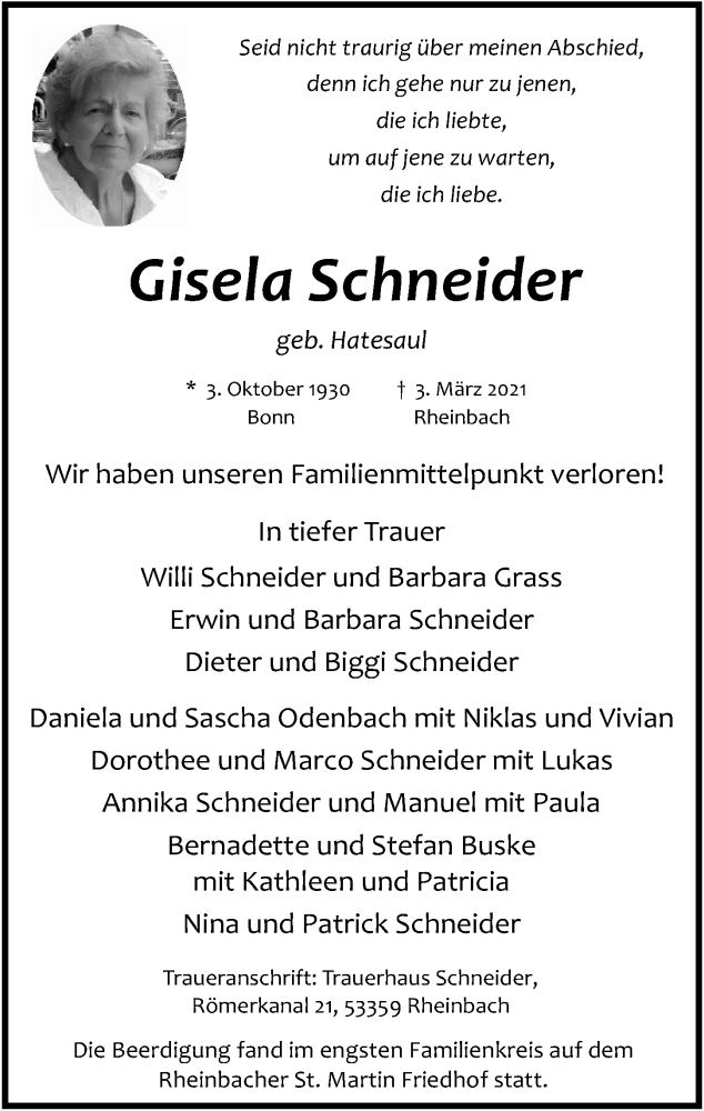  Traueranzeige für Gisela Schneider vom 12.03.2021 aus  Schaufenster/Blickpunkt 