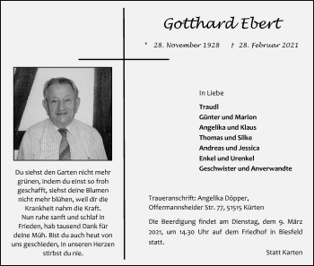 Anzeige von Gotthard Ebert von Kölner Stadt-Anzeiger / Kölnische Rundschau / Express