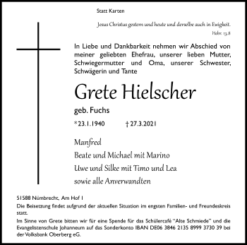 Anzeige von Grete Hielscher von Kölner Stadt-Anzeiger / Kölnische Rundschau / Express