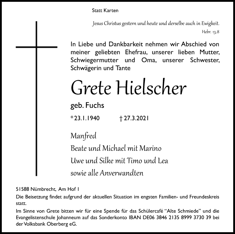  Traueranzeige für Grete Hielscher vom 01.04.2021 aus Kölner Stadt-Anzeiger / Kölnische Rundschau / Express