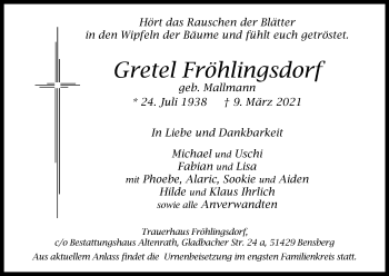 Anzeige von Gretel Fröhlingsdorf von Kölner Stadt-Anzeiger / Kölnische Rundschau / Express