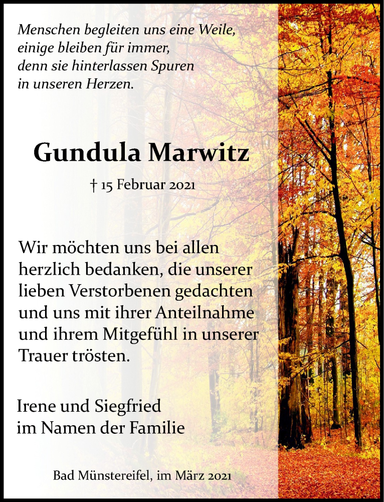  Traueranzeige für Gundula Marwitz vom 13.03.2021 aus  Blickpunkt Euskirchen 