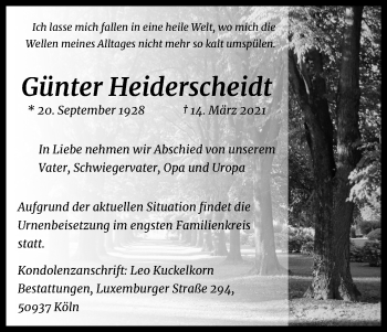 Anzeige von Günter Heiderscheidt von Kölner Stadt-Anzeiger / Kölnische Rundschau / Express