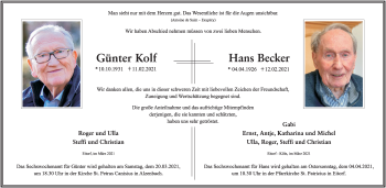 Anzeige von Günter Kolf von Kölner Stadt-Anzeiger / Kölnische Rundschau / Express