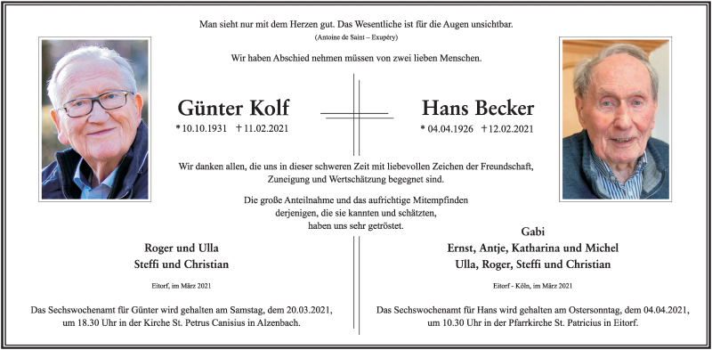  Traueranzeige für Günter Kolf vom 13.03.2021 aus Kölner Stadt-Anzeiger / Kölnische Rundschau / Express