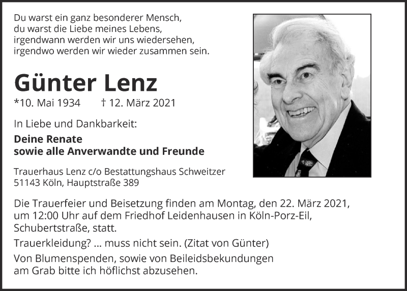  Traueranzeige für Günter Lenz vom 19.03.2021 aus  Kölner Wochenspiegel 