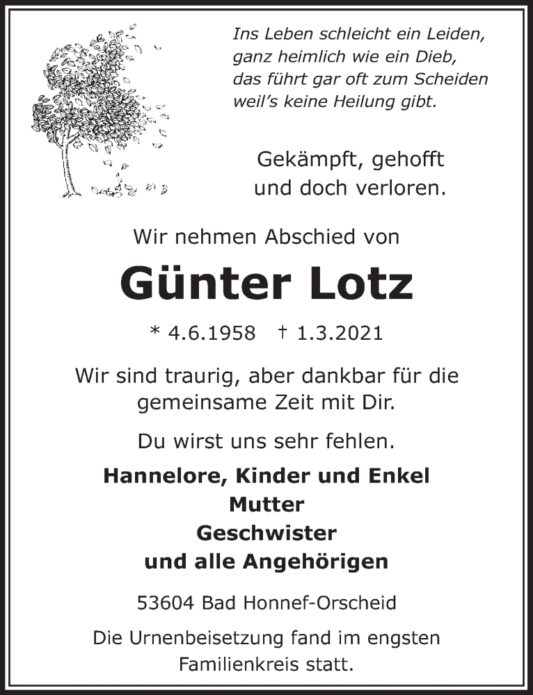  Traueranzeige für Günter Lotz vom 12.03.2021 aus  Extra Blatt 