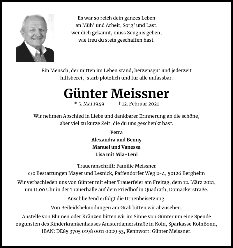  Traueranzeige für Günter Meissner vom 06.03.2021 aus Kölner Stadt-Anzeiger / Kölnische Rundschau / Express