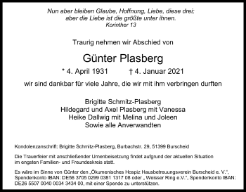 Anzeige von Günter Plasberg von Kölner Stadt-Anzeiger / Kölnische Rundschau / Express