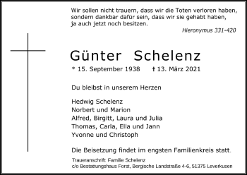 Anzeige von Günter Schelenz von Kölner Stadt-Anzeiger / Kölnische Rundschau / Express