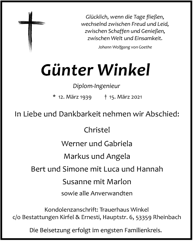  Traueranzeige für Günter Winkel vom 19.03.2021 aus  Schaufenster/Blickpunkt 